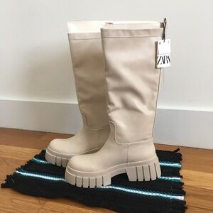 NEW Zara Women Knee High Faux Leather LUG Sole Boots Ivory Size 6.5, EU37